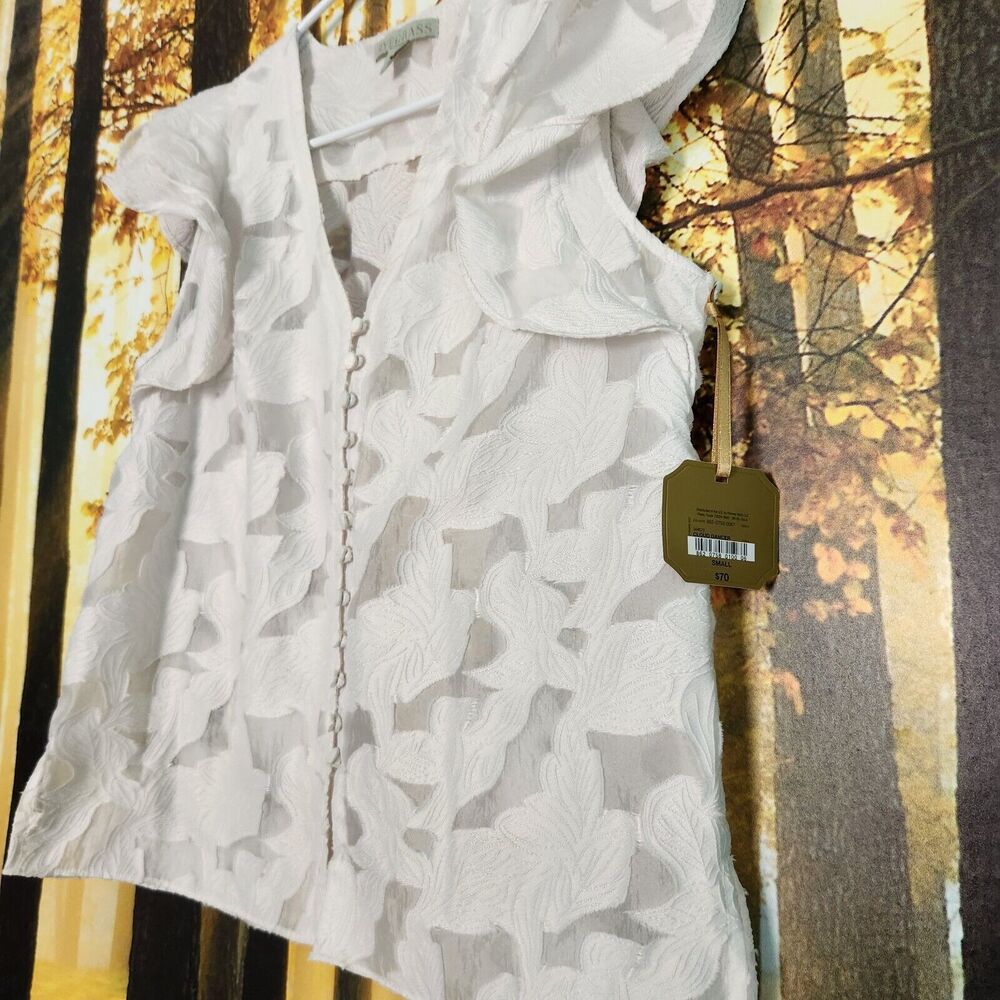 Rye Grass Womens Small White Textured Blouse w/ Ruffle Hem Sleeves Sheer Fabric - Picture 3 of 8